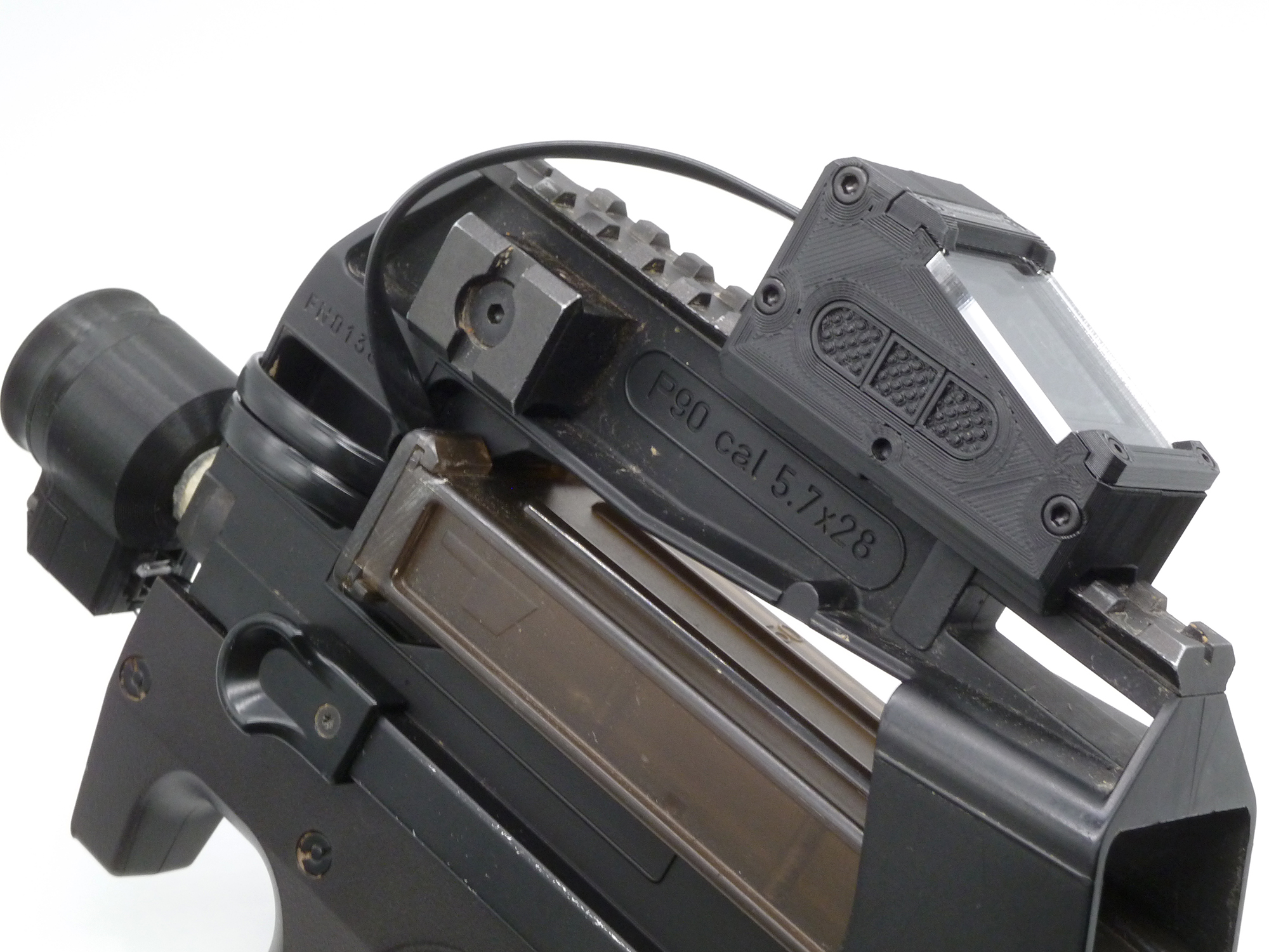 Upper reciever attached to a Tokyo Marui P90 being viewed down the iron sights