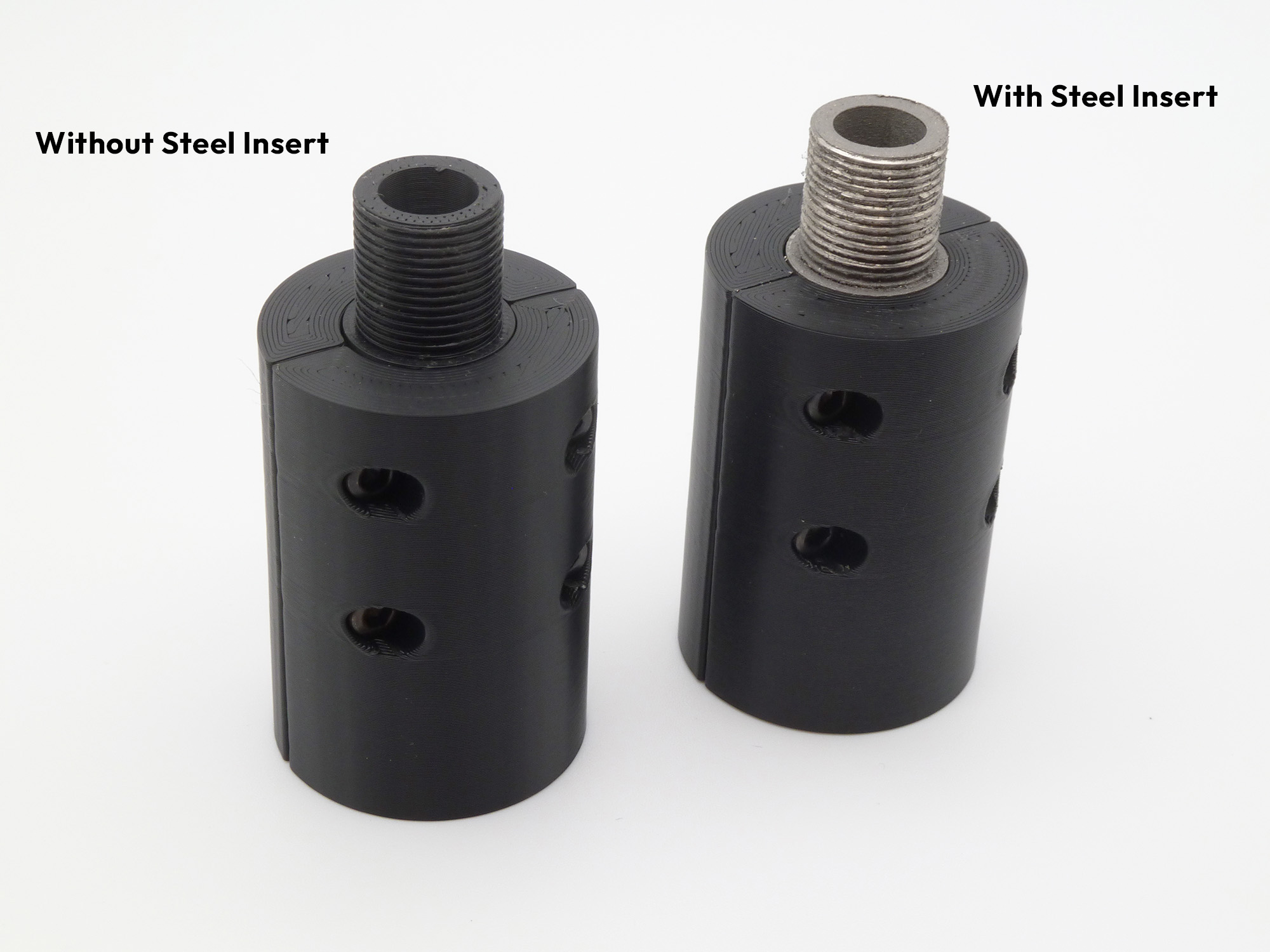 A comparison showing the two front threads of the plastic insert and the metal insert side-by-side
