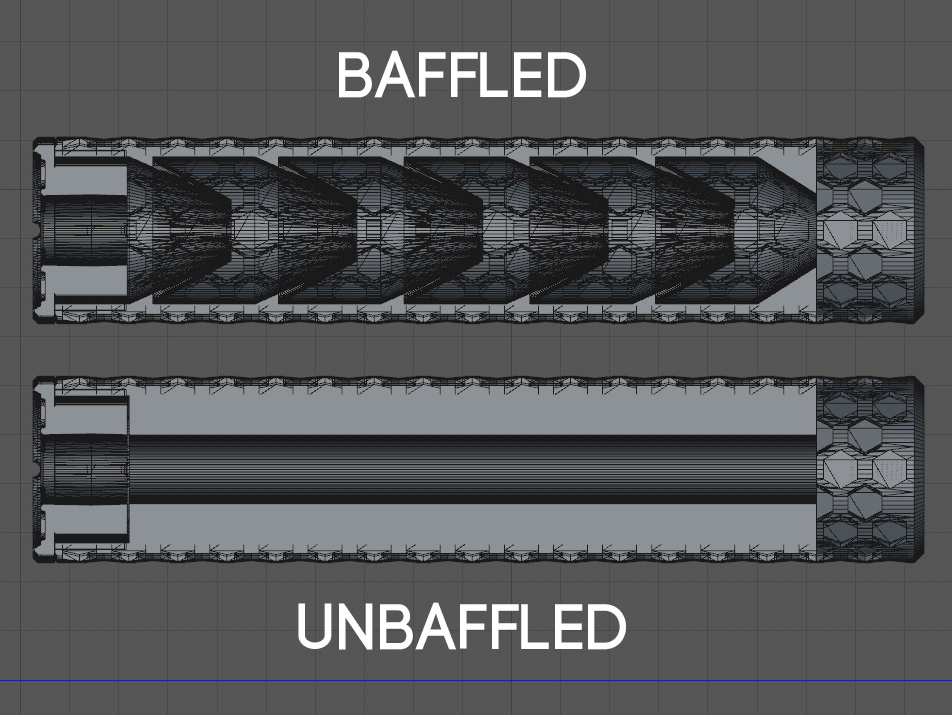 Cross-section view, showing the difference between baffled and unbaffled