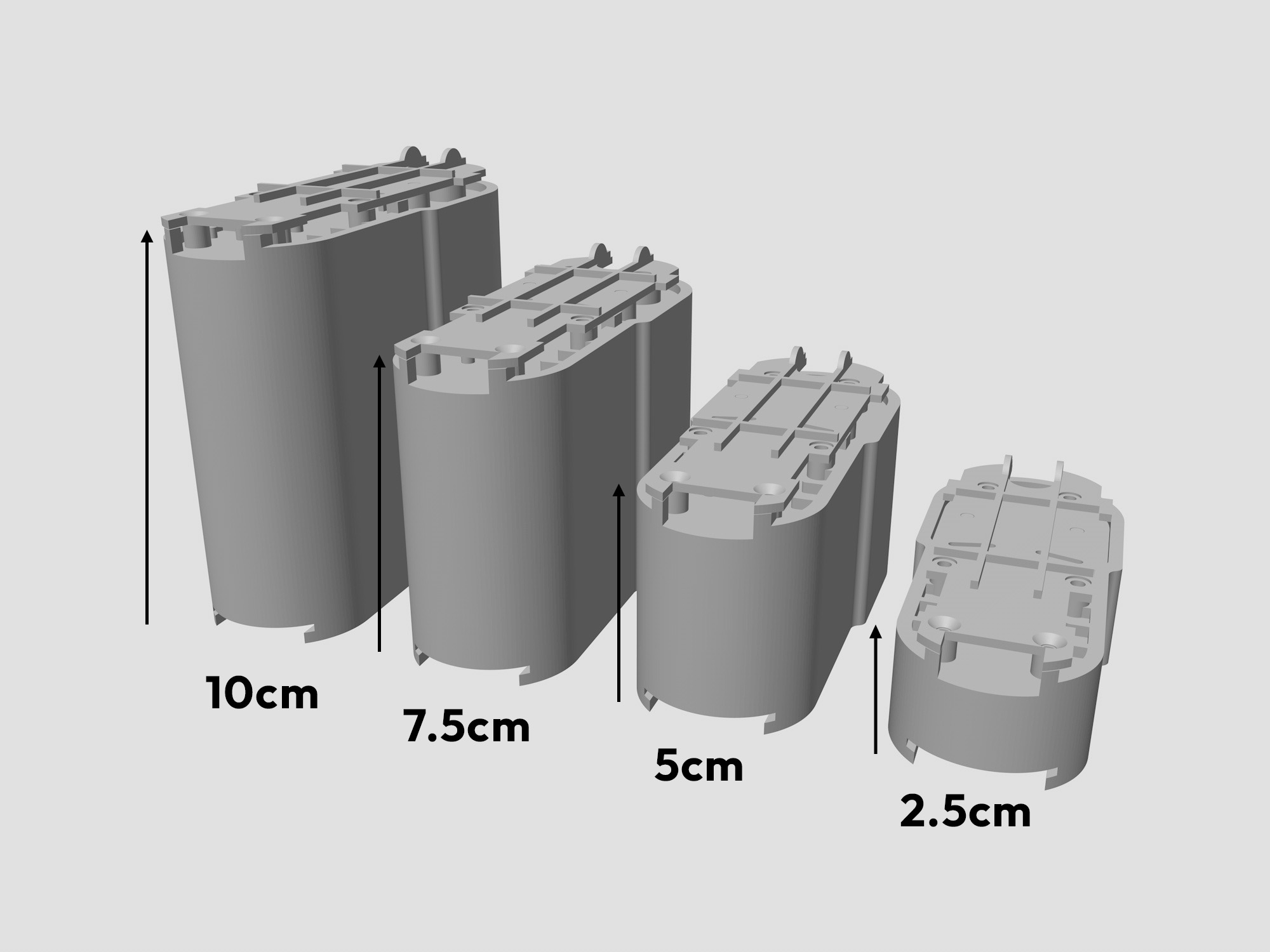 A 3D render showing the 4 different lengths, 10cm, 7.5cm, 5cm, and 2.5cm