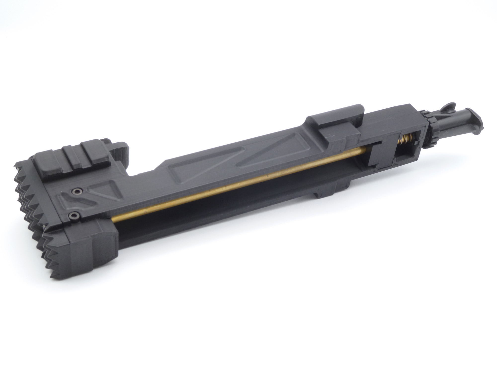 Underside view showing the reciever with the inner barrel and hop-up unit installed